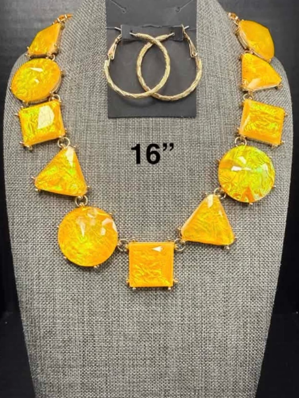 97. Vibrant Yellow Geometric Statement Necklace with Matching Hoops